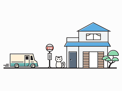 Kuroneko to Home bus cat color house japan stop tree vector