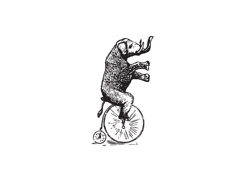 Cruisin' black circus elephant pennyfarthing white woodcut