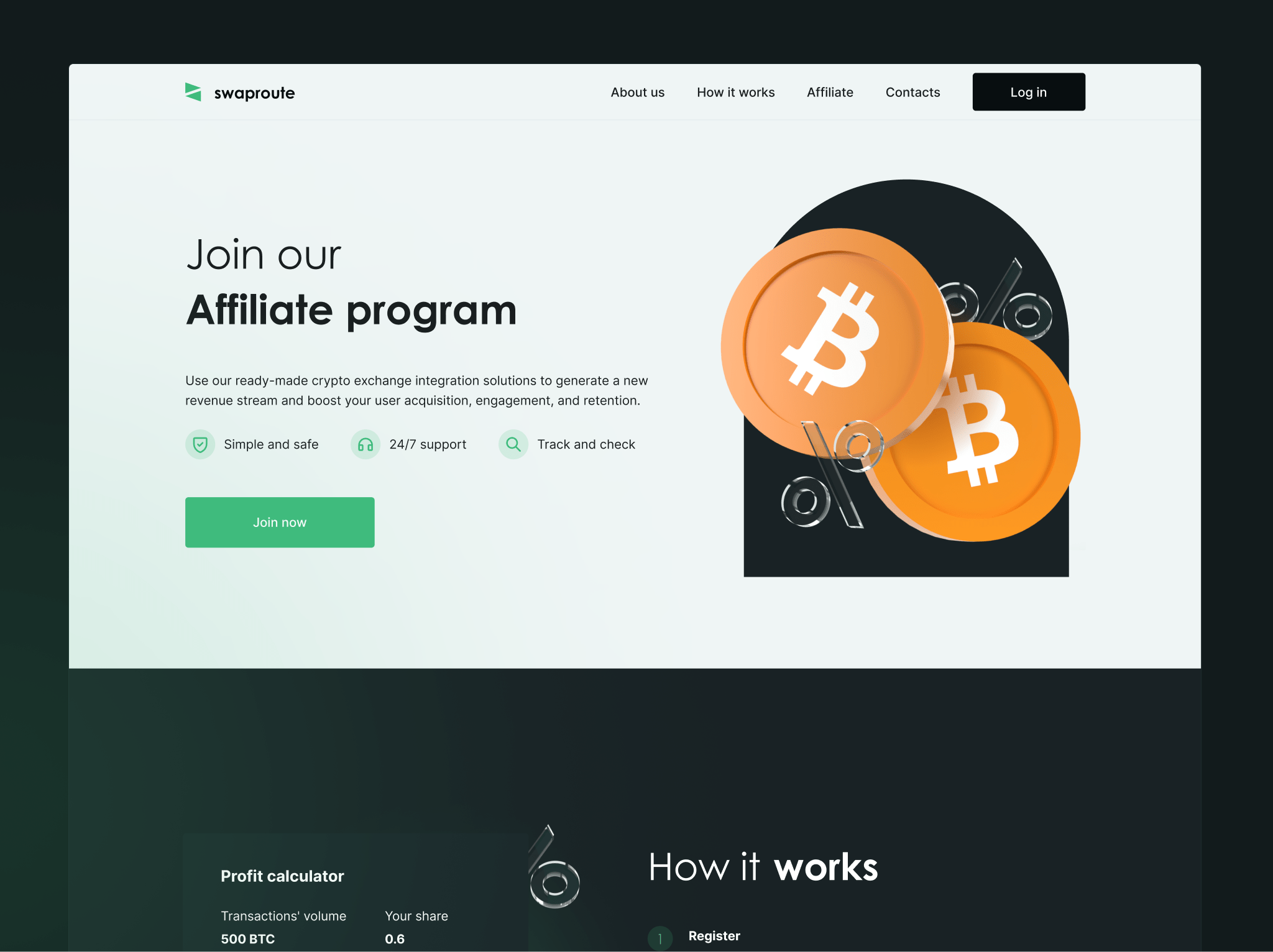 Swap Route. Affiliate Program 3d affiliate branding btc crypto eth exchange site ui ux