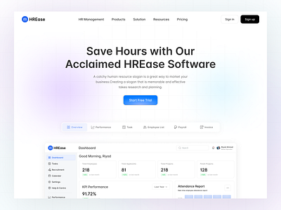 HREase - HR Management Solutions dashboard ux employee management employee performance tracking hr dashboard ui hr homepage ui hr platform hr software design hr software website hr solutions hr system hr tech hr tools human resources kpi tracking ui minimal web design modern ui design payroll management recruitment platform saas website design user friendly interface