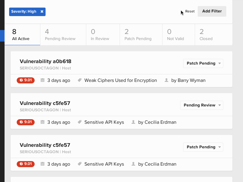 Filter UI for a List of Vulnerabilities filter list ui