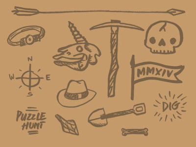 The Dig doodles ancient archaeology arrowhead bone compass flag headlamp pickaxe puzzle shovel skull unicorn