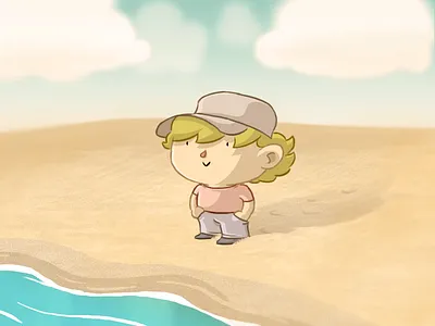 At the beach beach cap character clouds drawing happy sand sea small smyle sun