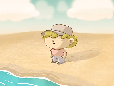 At the beach beach cap character clouds drawing happy sand sea small smyle sun