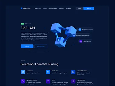 SwapCrypto. DeFi API Page 3d affiliate api branding btc crypto cube defi design developer fintec illustration page ui ux