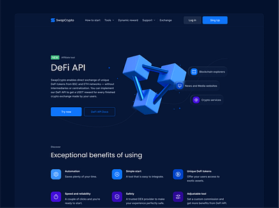 SwapCrypto. DeFi API Page 3d affiliate api branding btc crypto cube defi design developer fintec illustration page ui ux