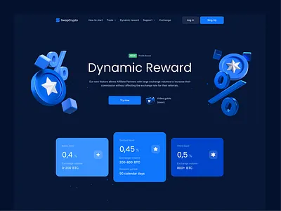 SwapCrypto. Dynamic Reward Page 3d affiliate branding btc coin crypto design exchange fintec logo page percent reward swap ui ux