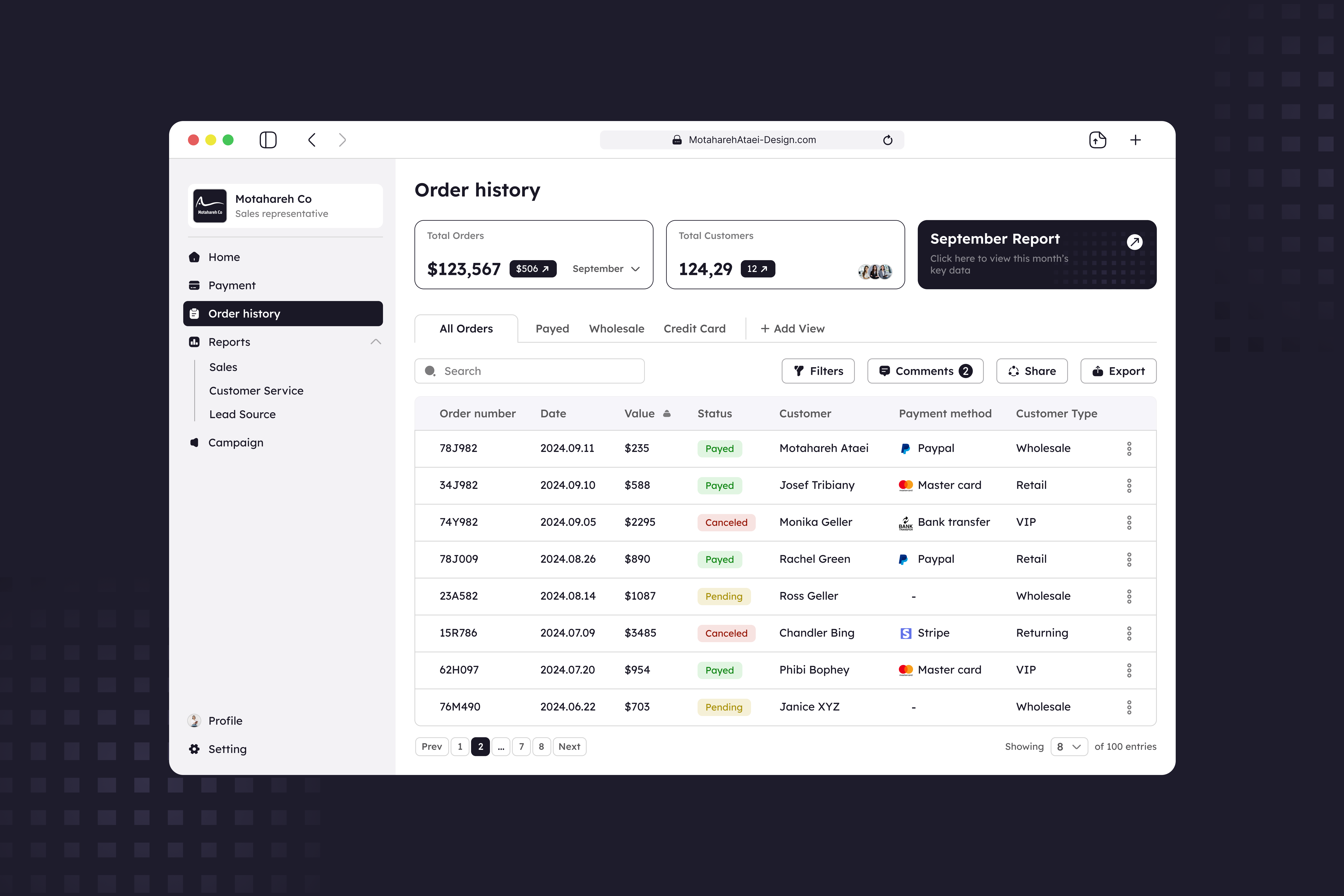 CRM Tables black theme card crm dashboard data erp filter history mac minimal order pagination report row sales sidebar tab table tag web design
