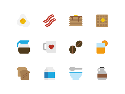 Breakfast Icons bacon bowl butter coffee egg milk orange juice pancakes syrup. toast waffle