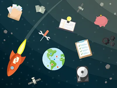 Navigating Space documents earth laptop meteor orbit piggy bank rocket satellite space space ship stars tools