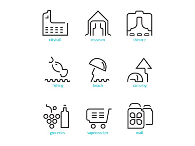 city icons part 2 beach camping cityhall fishing groceries icons mall market museum outline stroke theater