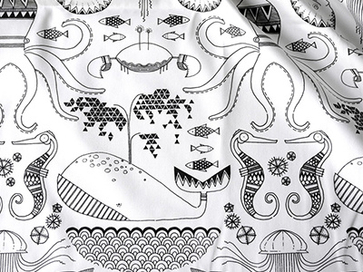 Under the Sea Pattern Fabric animals character childrens book detail hand drawn illustration monochrome pattern