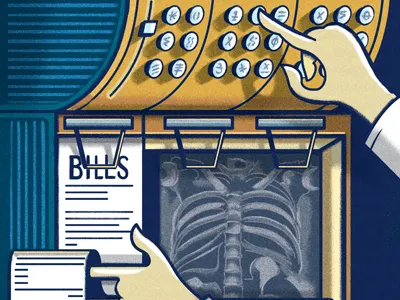 Racking up bills brush button cash register checkout hand illustration medical money muti texture till x ray