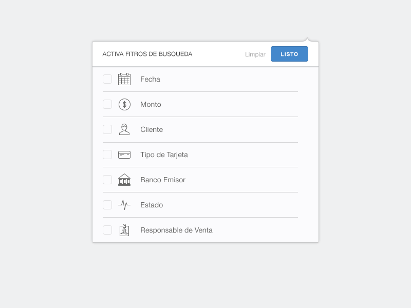 Filters! bank card client date filters month price status