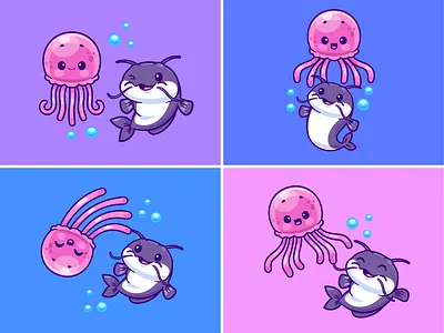 Jellyfish, Catfish🪼🐟 (Ubur-ubur, Ikan Lele..) animals branding bubble cartoon catfish character cute doodle fish flat friendship icon illustration jellyfish logo ocean sea swimming water