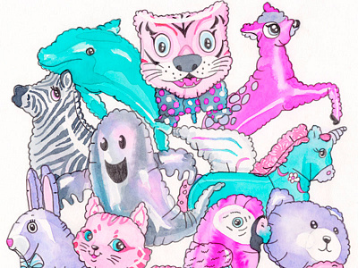 Bewitched animal balloons animals art print balloons deer dolphin girl room illustration nursery pink art tiger