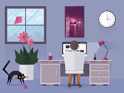 Hello Dribbble! cat design dribbble flat illustration table town workplace