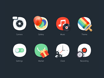 theme icons camera clock flat gallery icon market music recording setting skeuomorph theme ui