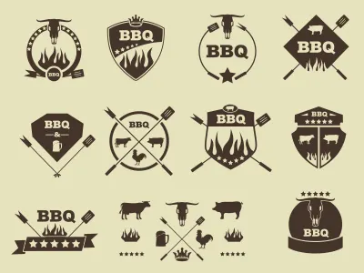 10 Barbeque Hipster Vector Emblems Vol.2 badges barbecue bbq cow crown emblems illustration logos pig rooster skull vector