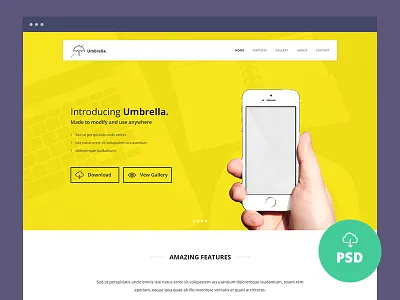 Freebie – Umbrella – Ultimate App Landing Page PSD Template app freebie fully layered landing page pixel perfect psd template umbrella