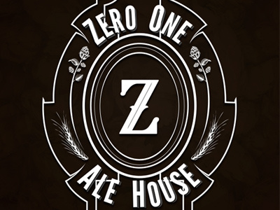 Zero One Alehouse badge barley beer custom handrawn hops logo typography vector