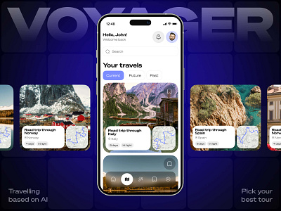 Voyager | App Design adventure ai aiapp aiassistant aidevelopment aitech aitools mobile mobileappdesign personalizedtravel product design roadtrip travel travelapp travelguide traveling travelplanning traveltips ui ux vacation