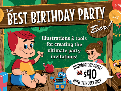 Children S Birthday Party Illustrations And Invitations 1 art cartoon childrens cool illustrations invites kids party retro vector