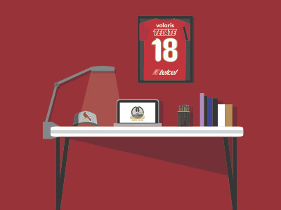 WORKSPACE books cap gray jersey macbook pencil red table workspace