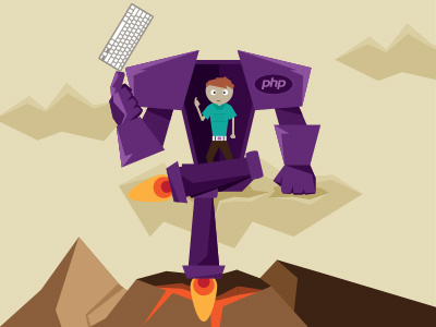 New Haircut Power Positions :: Back-End Developer developer flying geek illustration keyboard orange php purple robot vector vulcano