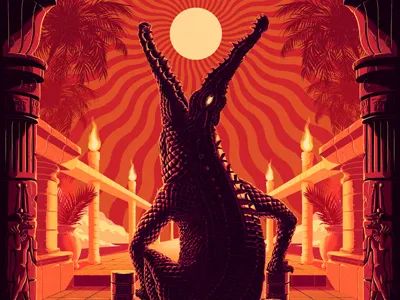 Sobek crocodile egypt eye flame illustration muti palm psychedelic scales sun teeth temple