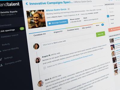 CRM Candidate Profile - Notes admin candidate clean comments crm flat notes panel profile tabs timeline white