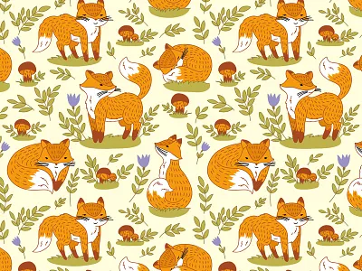 Fox animal cute flower forest fox mushroom pattern seamless