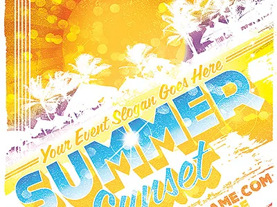 Summer Sunset Event Party Flyer Template beach coast longboard orange palm trees party retro skim board summer sunrise sunset surf