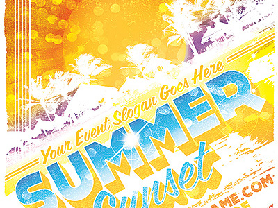 Summer Sunset Event Party Flyer Template beach coast longboard orange palm trees party retro skim board summer sunrise sunset surf