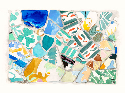 Kitchen Art Barcelona Gaudi Broken Tiles antoni gaudi barcelona català gudi kitchen art modernisme parc güell park güell souvenir watercolor