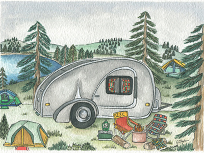 Custom Teardrop Trailer Illustration 2014 camping custom illustration design gouache hiking illustration nature outdoors painting teardrop trailer trees