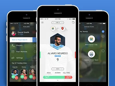 Football Vote App app clean crisp football gaussian blur interface ios menu side menu ui ux white