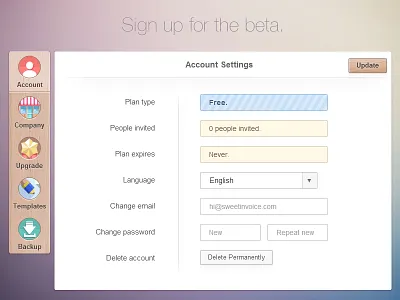 Settings UI account accounting app settings sweet sweetinvoice ui web wood