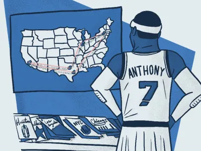 Melo, What's It Gonna Be Bro? america basketball carmelo anthony chicago bulls dallas mavericks editorial illustration houston rockets los angeles lakers melo nba new york knicks sports