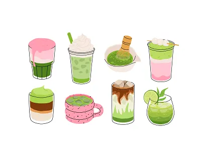 Matcha drinks set 3 beverage cartoon cocktail coffee cold concept design drink flat green hot iced illustration matcha tea vector