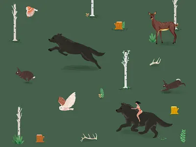 Woodland run animals deer owl pattern rabbit wolf