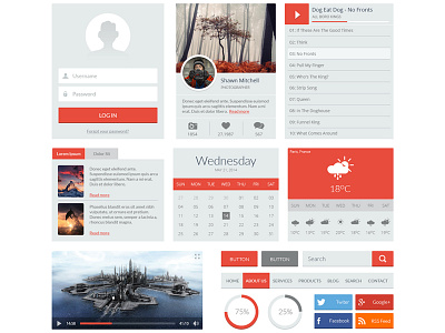 Red UI Kit button download flat free psd freepsd login menu player psd search ui kit weather