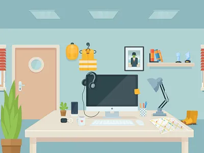 Office room computer flat illustration office room table working