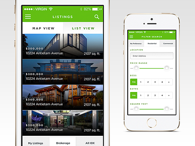 Listview and Filters app context estate filter green ios mobile proxima real ui ux