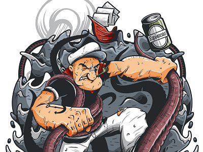Popeye vs Kraken cartoon illustration popeye