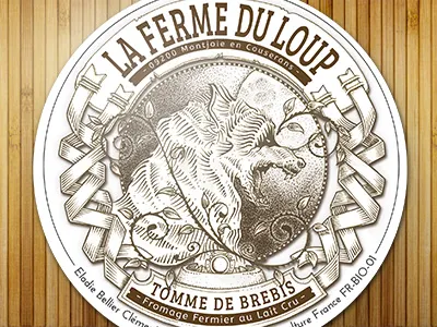 Cheese label "La ferme du loup" cheese draw farm label wolf