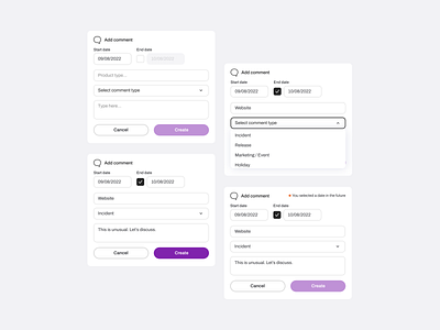 Add comment flow UI add comment button states comment comment flow drop down interface ui user flow