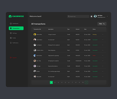 Transaction list page darn mode list page transactions ui design web web app web screen