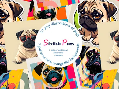 Pugs Clipart Set branding concept art digital illustration drawings for children graphic design illustration pictures for children pugs pugs design pugs for design pugs illustrations pugs images pugs pictures