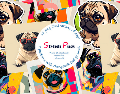 Pugs Clipart Set branding concept art digital illustration drawings for children graphic design illustration pictures for children pugs pugs design pugs for design pugs illustrations pugs images pugs pictures